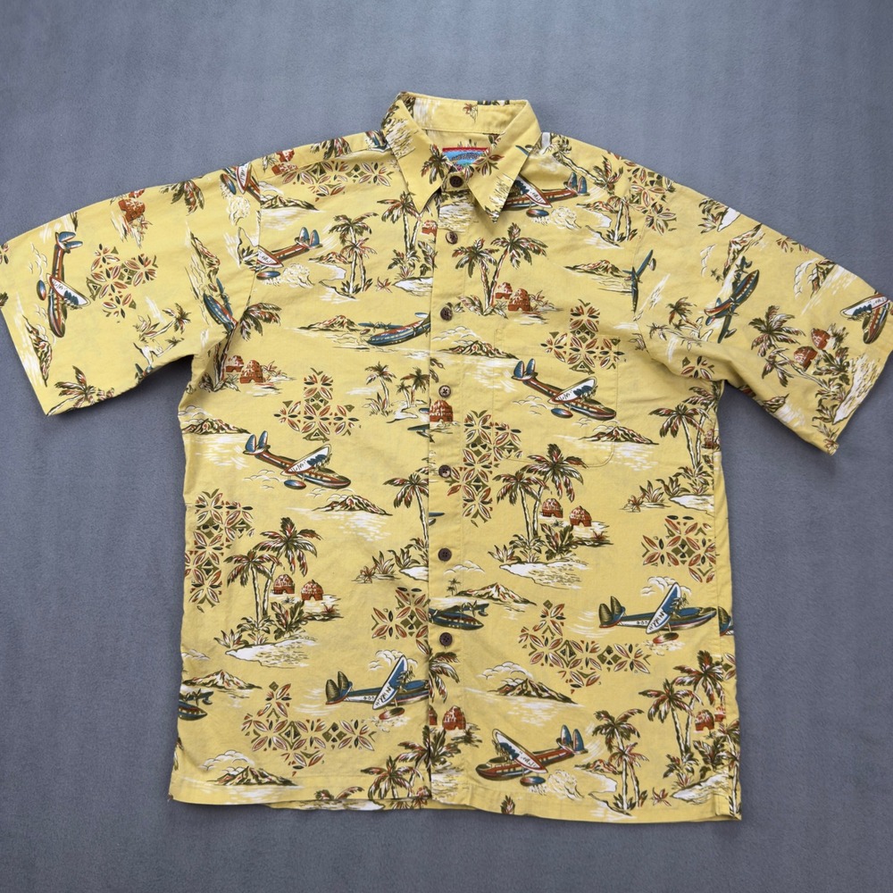Reyn Spooner Hawaiian Shirt Yellow Seaplane Tropical Print Button Down Mens S